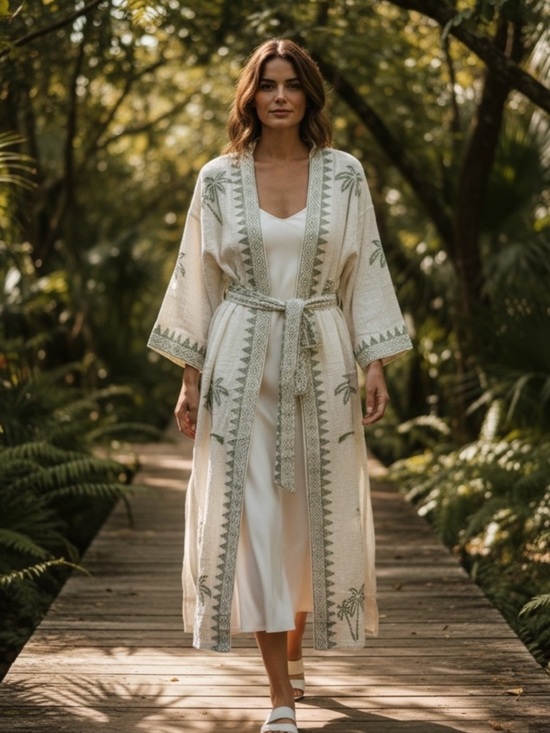POL Other - POL Cream Beaded Robe Kimono Swim Coverup with Sage Accents W/Belt Tie - NWT
